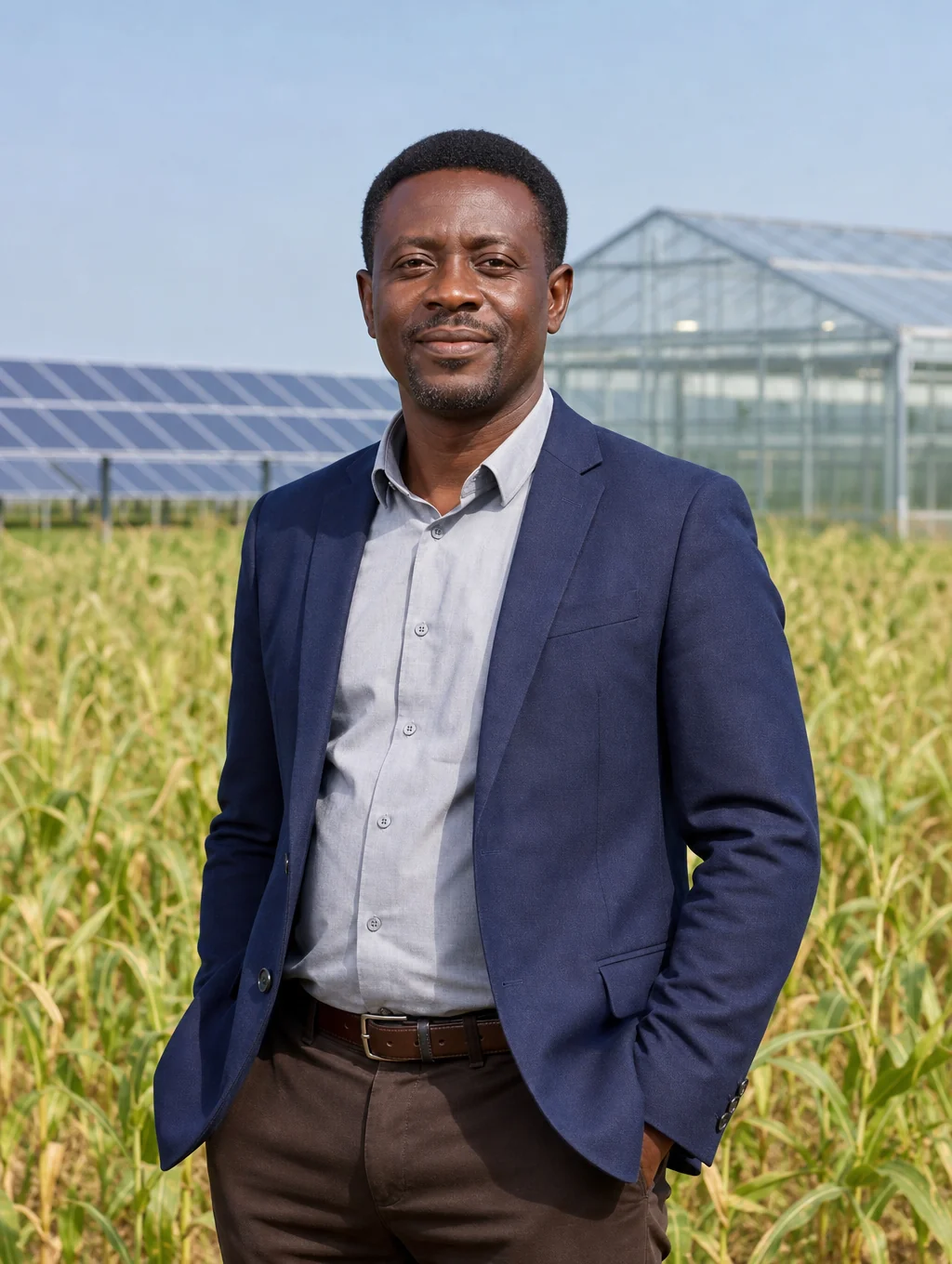 Black African Cameroonian agricultural manager inspecting thriving local crops and poultry housing in Mile 14 Dibanda