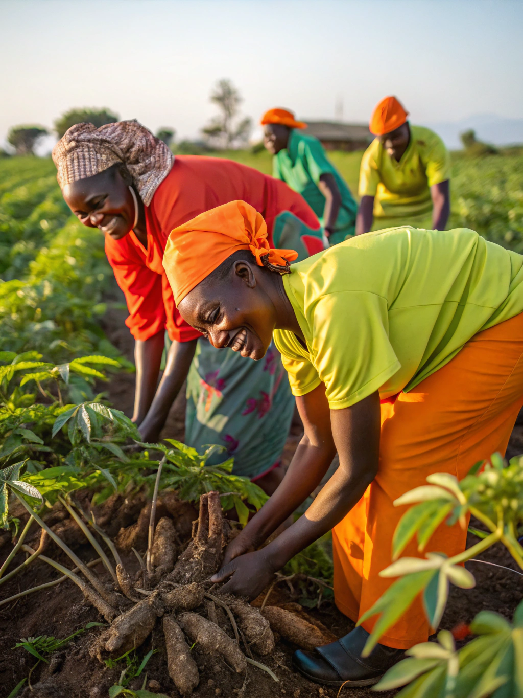 Black African Cameroonian women and men farmers harvesting fresh crops in volcanic soil at Dibanda