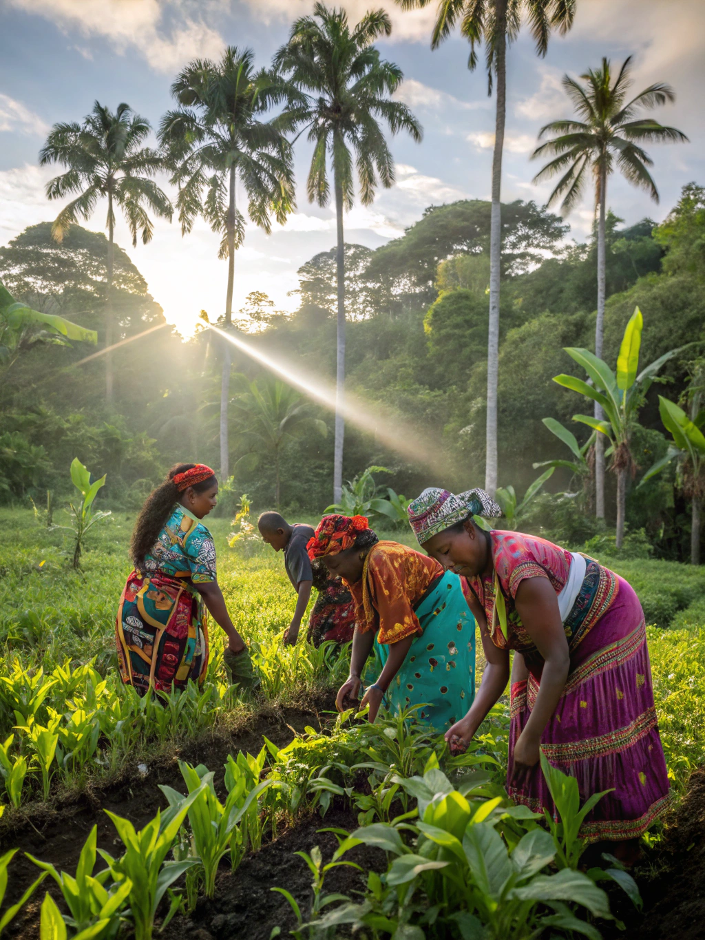 Black African Cameroonian women and men collaborating in agroecological farming and organic crop cultivation at Mbin Ndem