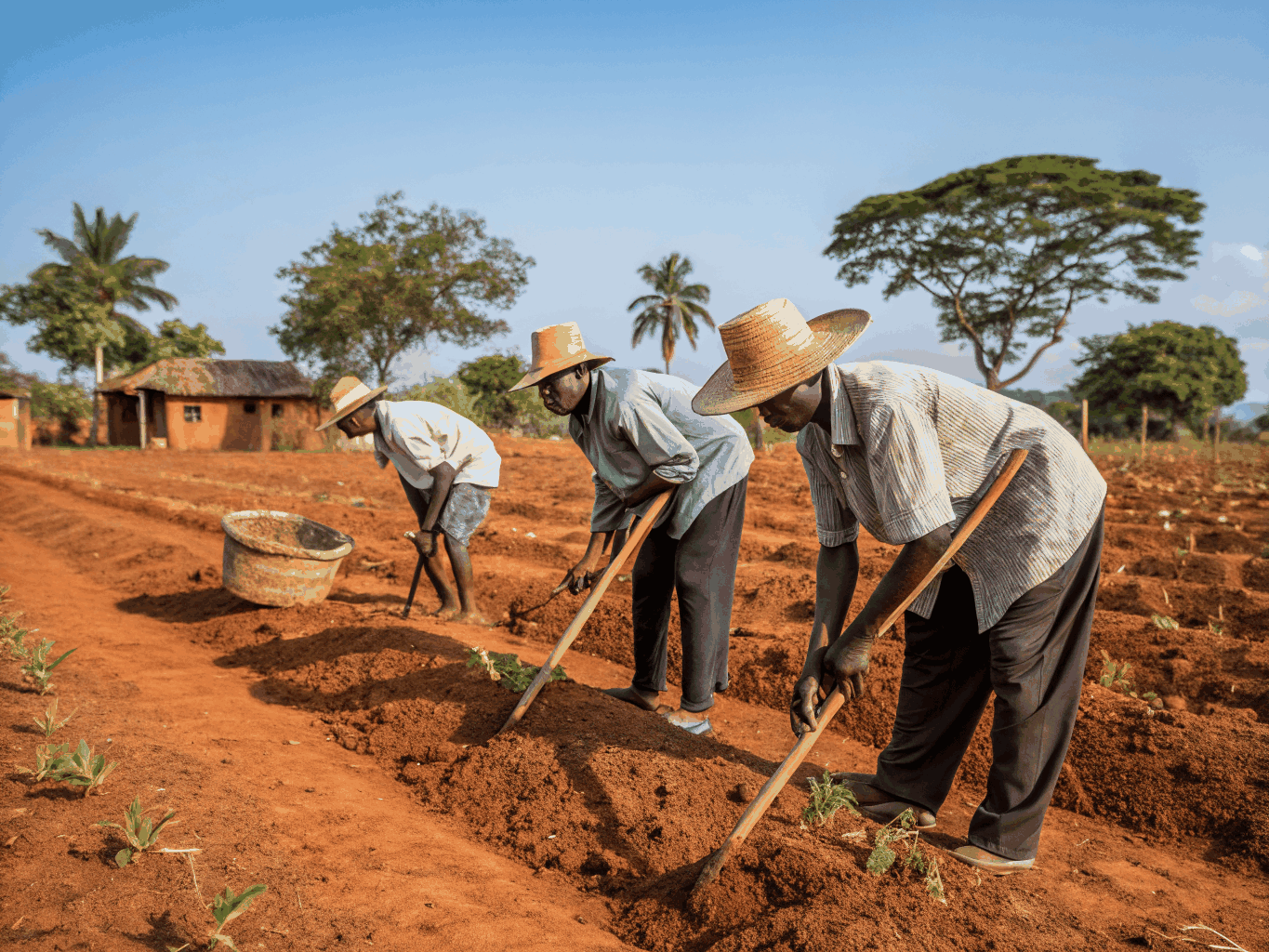 Black African women, men, and youth working collaboratively on agricultural harvest in the lush volcanic foothills of Mount Cameroon at Mbin Ndem