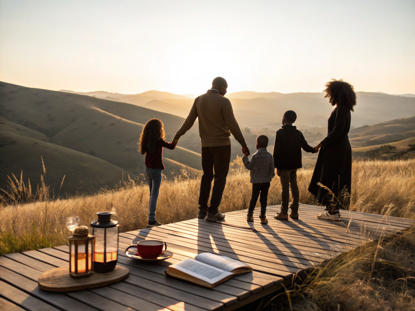 Authentic Black African multigenerational family gathered in peaceful reflection and quiet conversation under the Mount Cameroon forest canopy