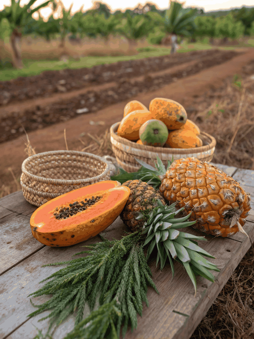 Fresh tropical pineapples, pawpaw, and local harvest for Mbin Ndem Cafe in Buea