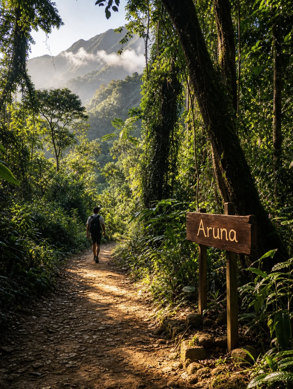 A Black African visitor walking thoughtfully along a humid tropical forest trail under indigenous hardwoods in Buea