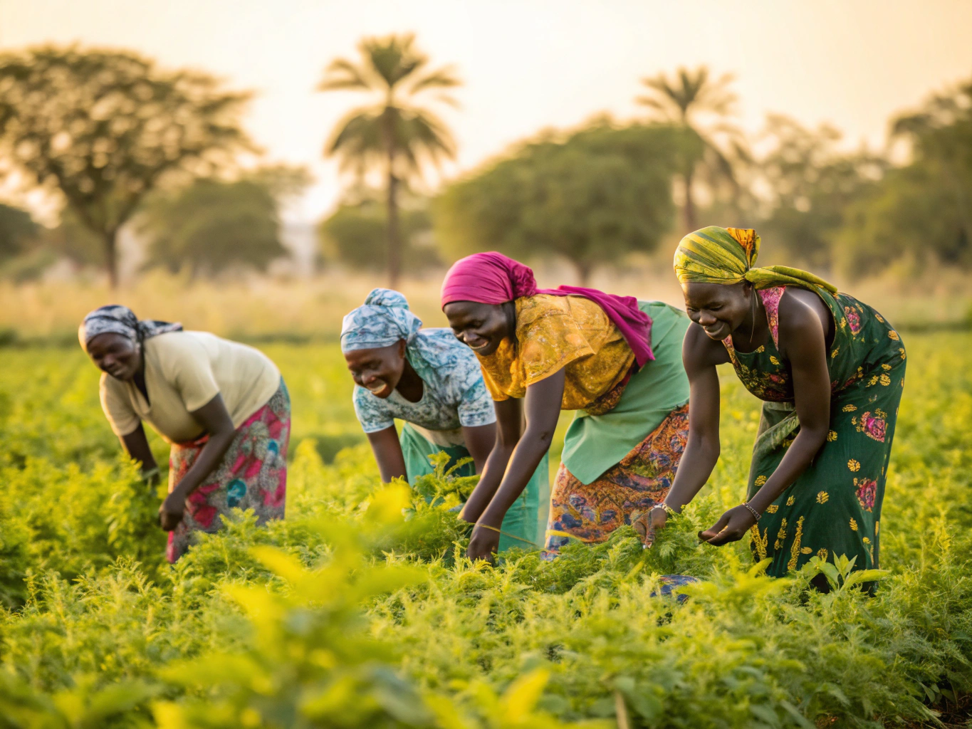 Black African woman farmer and colleague inspecting organic crops and soil health in Buea