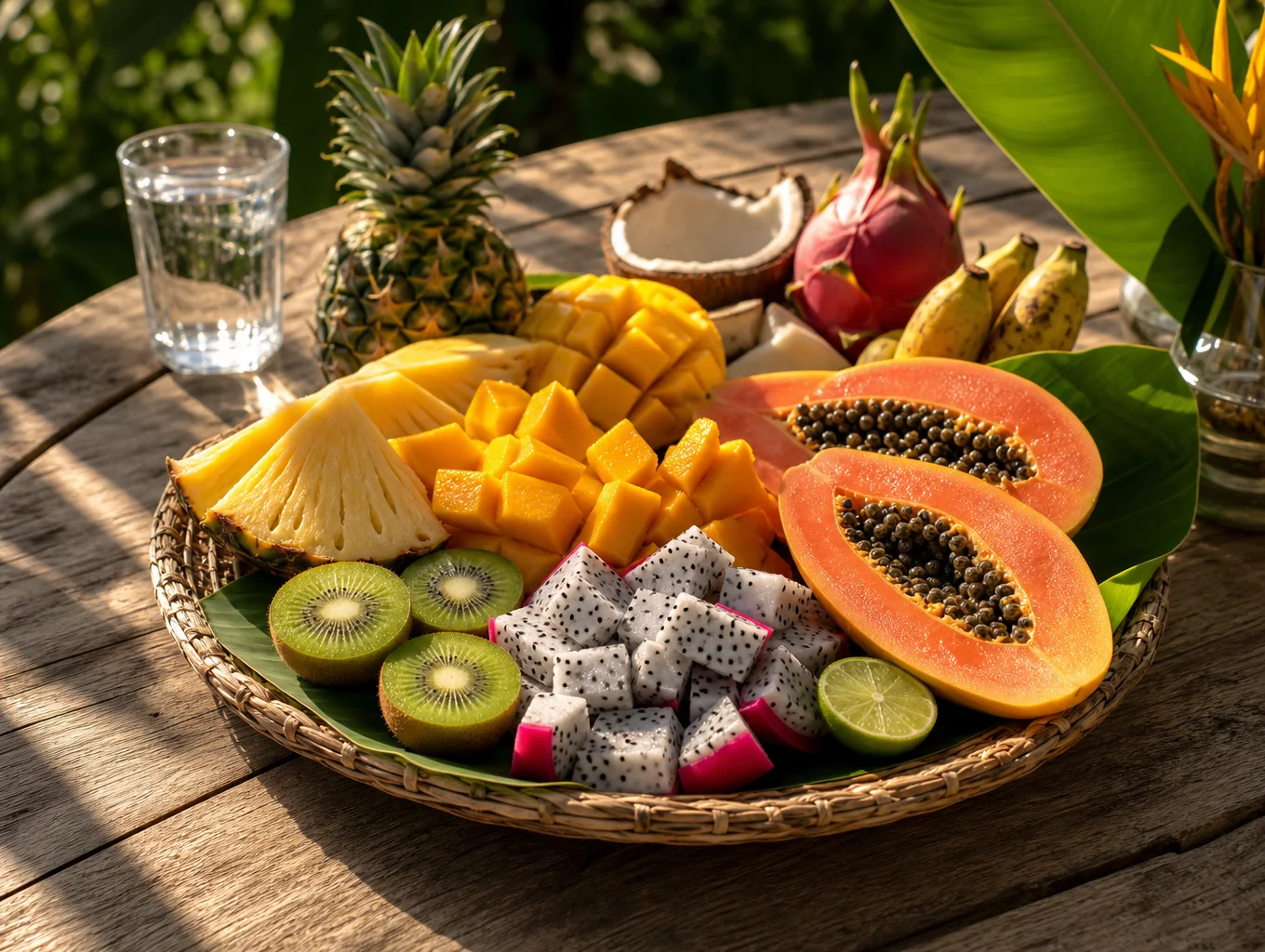 Fresh local Cameroonian harvest table with pineapples, ripe pawpaws, ginger, and hibiscus