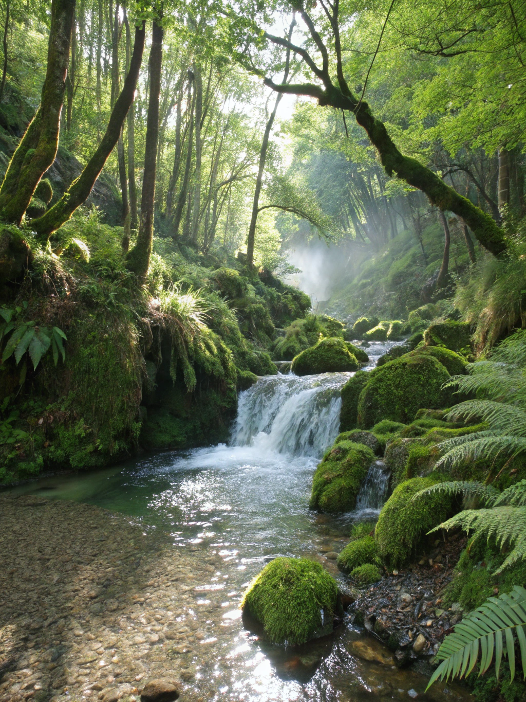 Dense humid broadleaf rainforest canopy and natural creek waters over volcanic rock in Mile 14 Dibanda, Buea