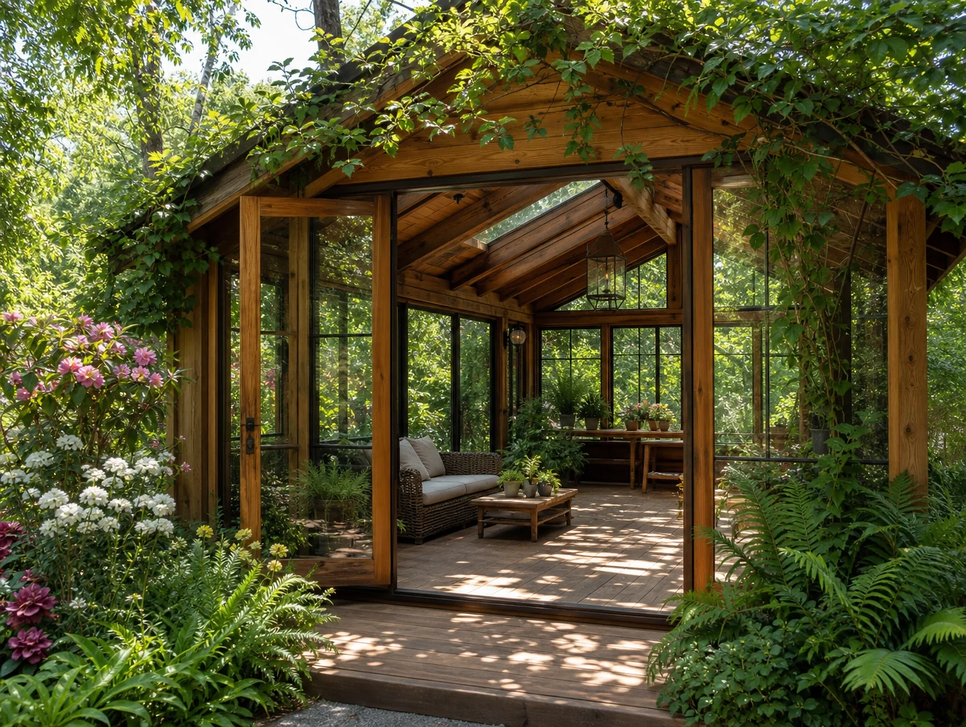 Open-air tropical wooden pavilion in Cameroon surrounded by lush greenery with local patrons