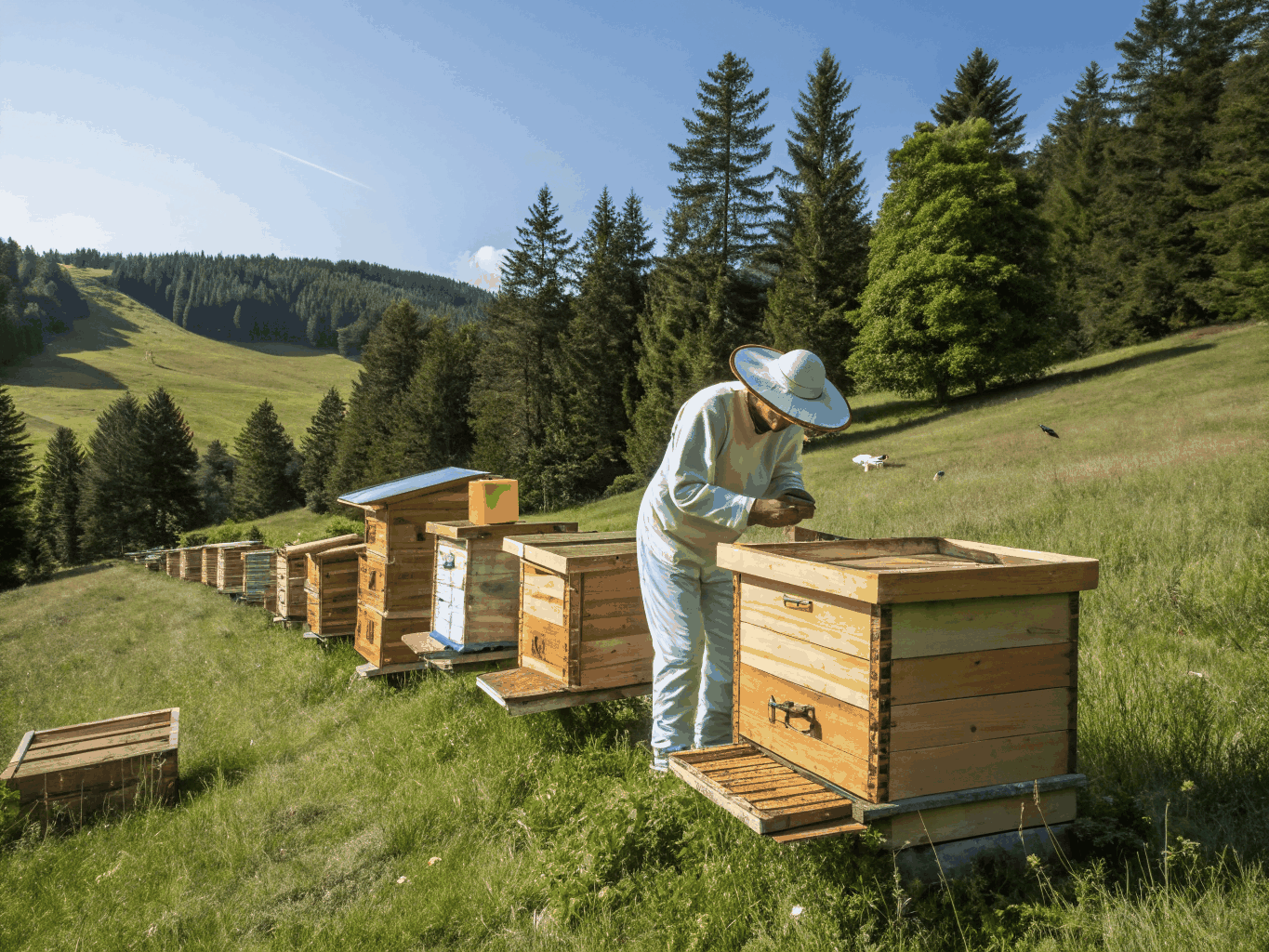 Wooden beehives set amidst lush Mount Cameroon rainforest canopy in Dibanda