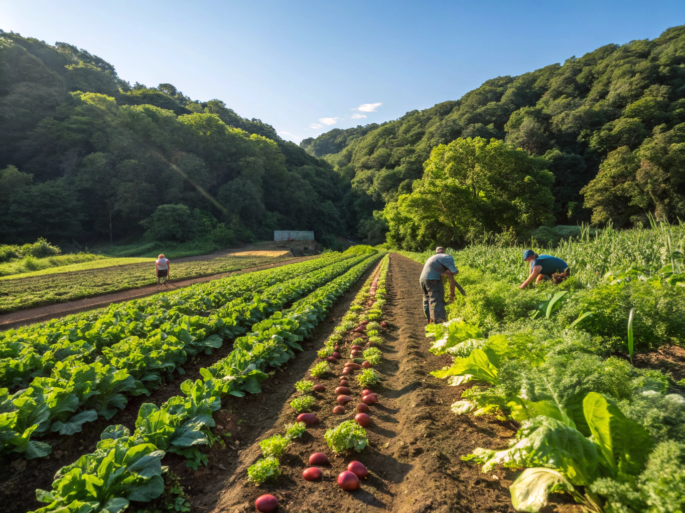 Agroecological cultivation and organic farming rows bordering tropical forest in Buea