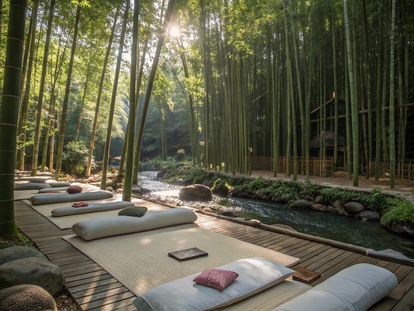 Handcrafted natural timber meditation shelter nestled in humid tropical rainforest foliage