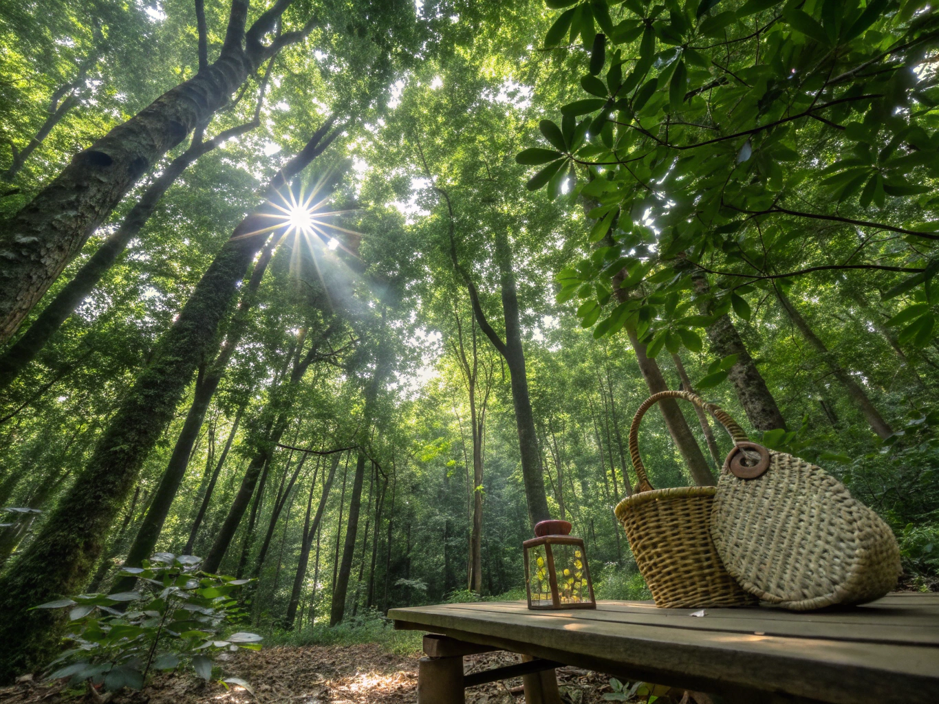 Simple tropical timber picnic porch nestled in peaceful woodland clearing