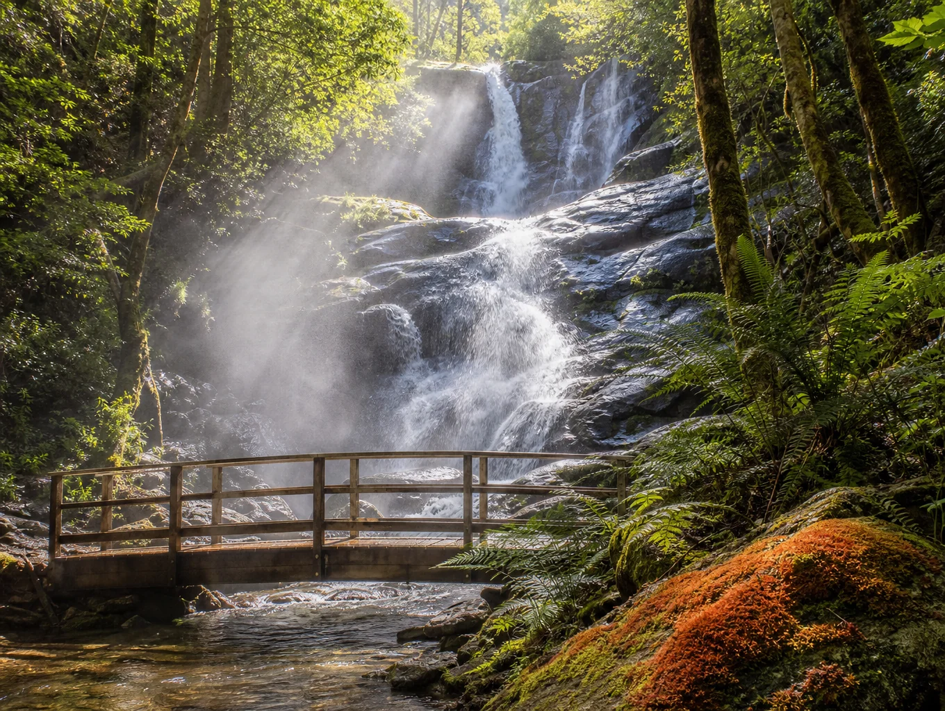 Clear mountain spring runoff flowing over volcanic basalt stones in the Mount Cameroon rainforest