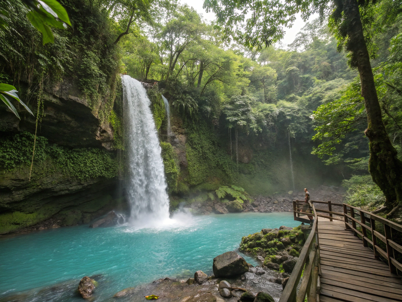 Seasonal freshwater waterfall cascade falling into a natural pool sheltered by lush tropical canopy in Dibanda
