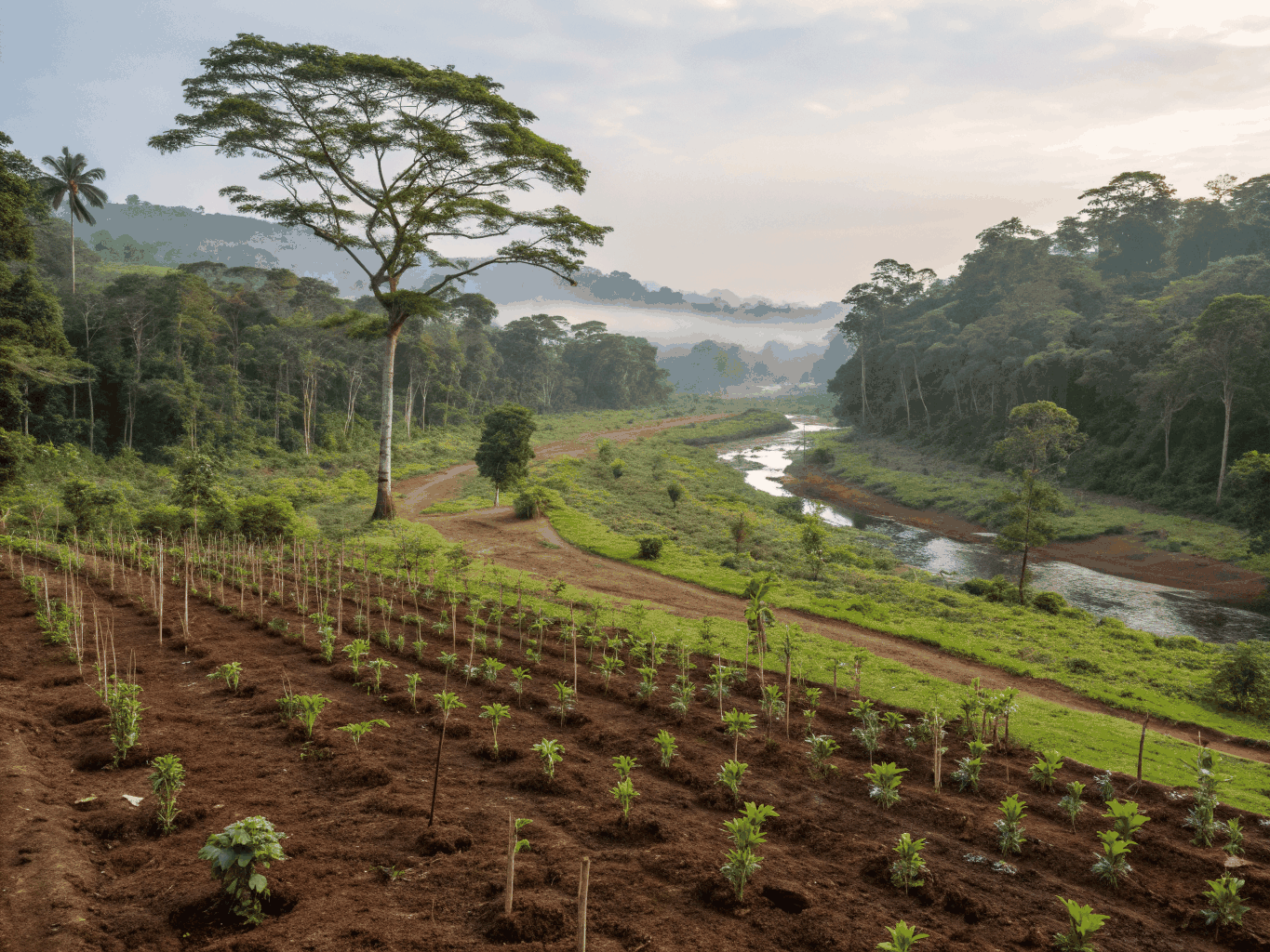 Tropical rainforest glade with volcanic basalt rocks and native Mount Cameroon flora at Mbin Ndem Peace Sanctuary