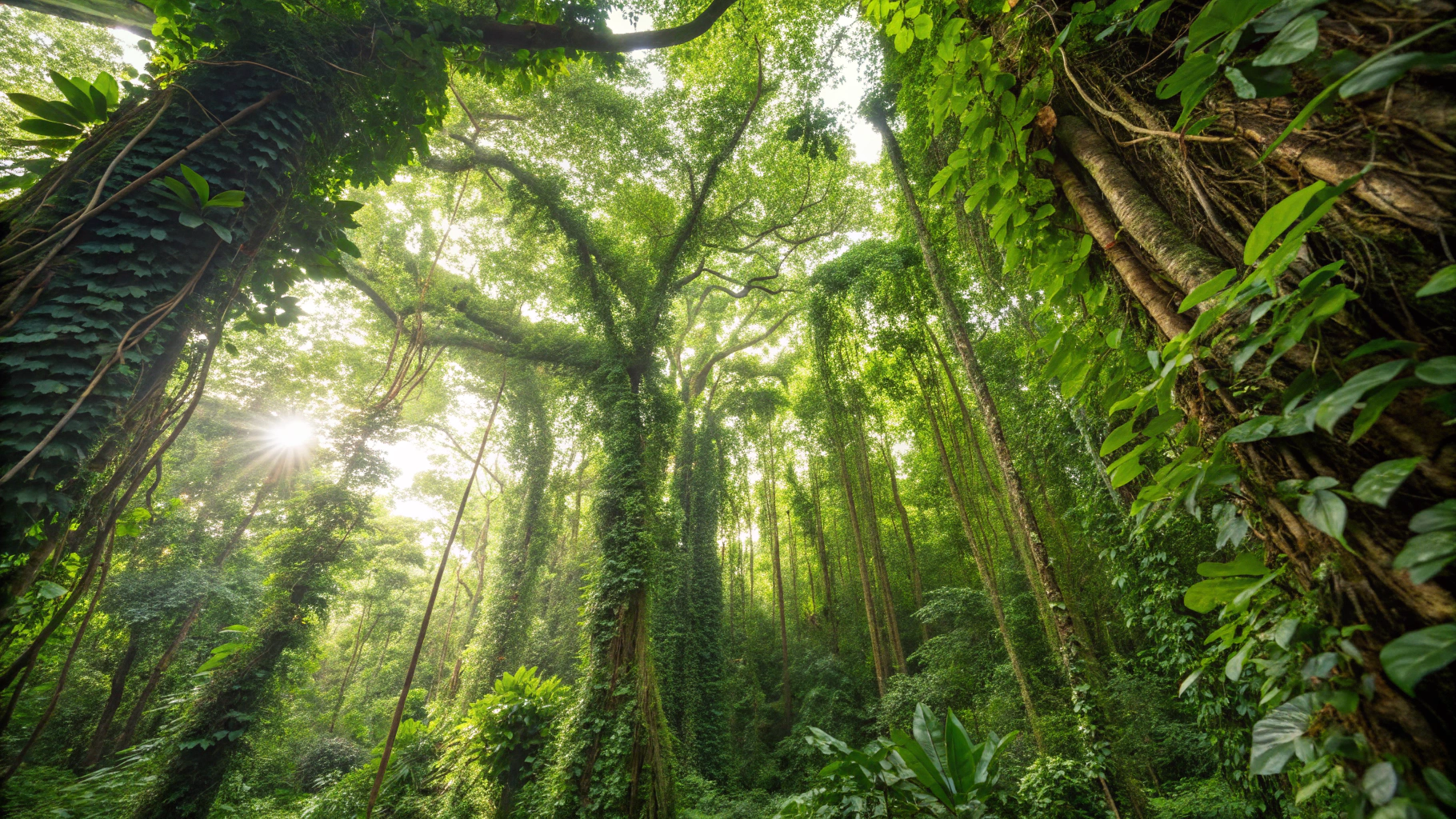 Lush broadleaf tropical Mount Cameroon rainforest canopy and mist in Buea