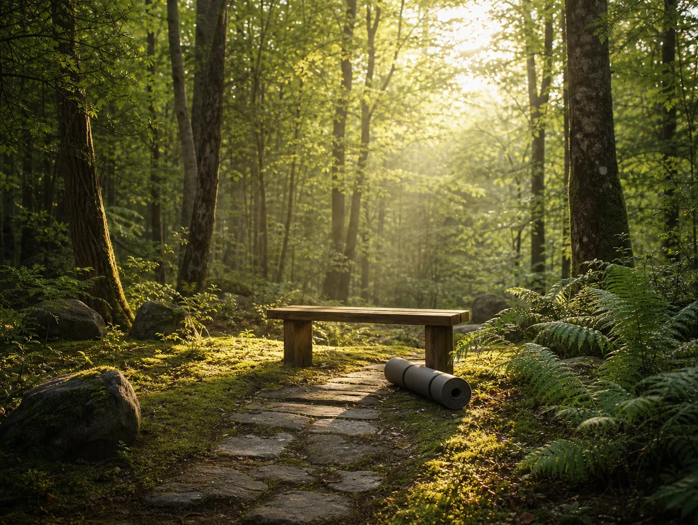 Peaceful forest clearing with shaded bench for quiet reflection
