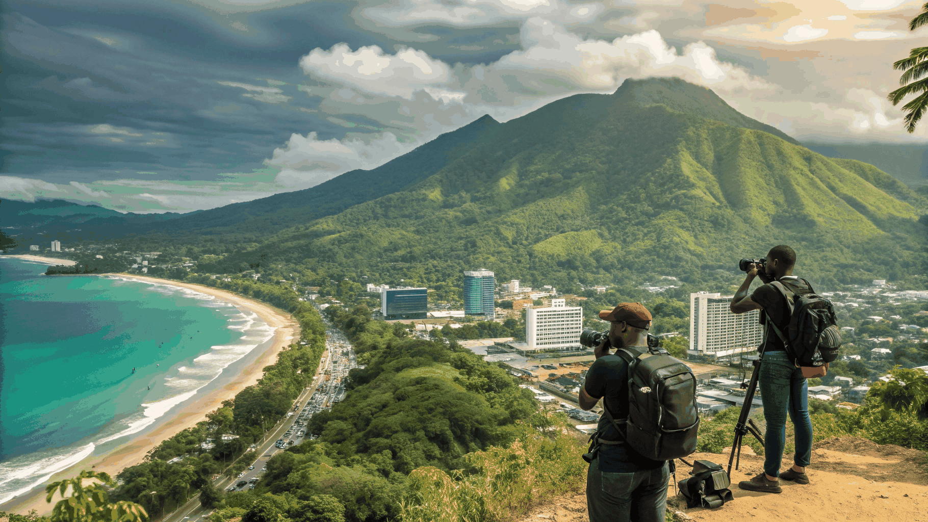 Scenic panoramic view of tropical green landscape and Mount Cameroon foothills in Buea