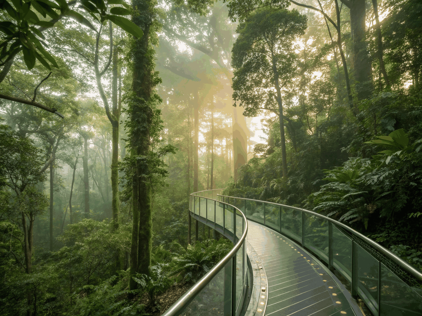 Unpeopled winding tropical path through lush ferns and indigenous hardwoods in the foothills of Mount Cameroon