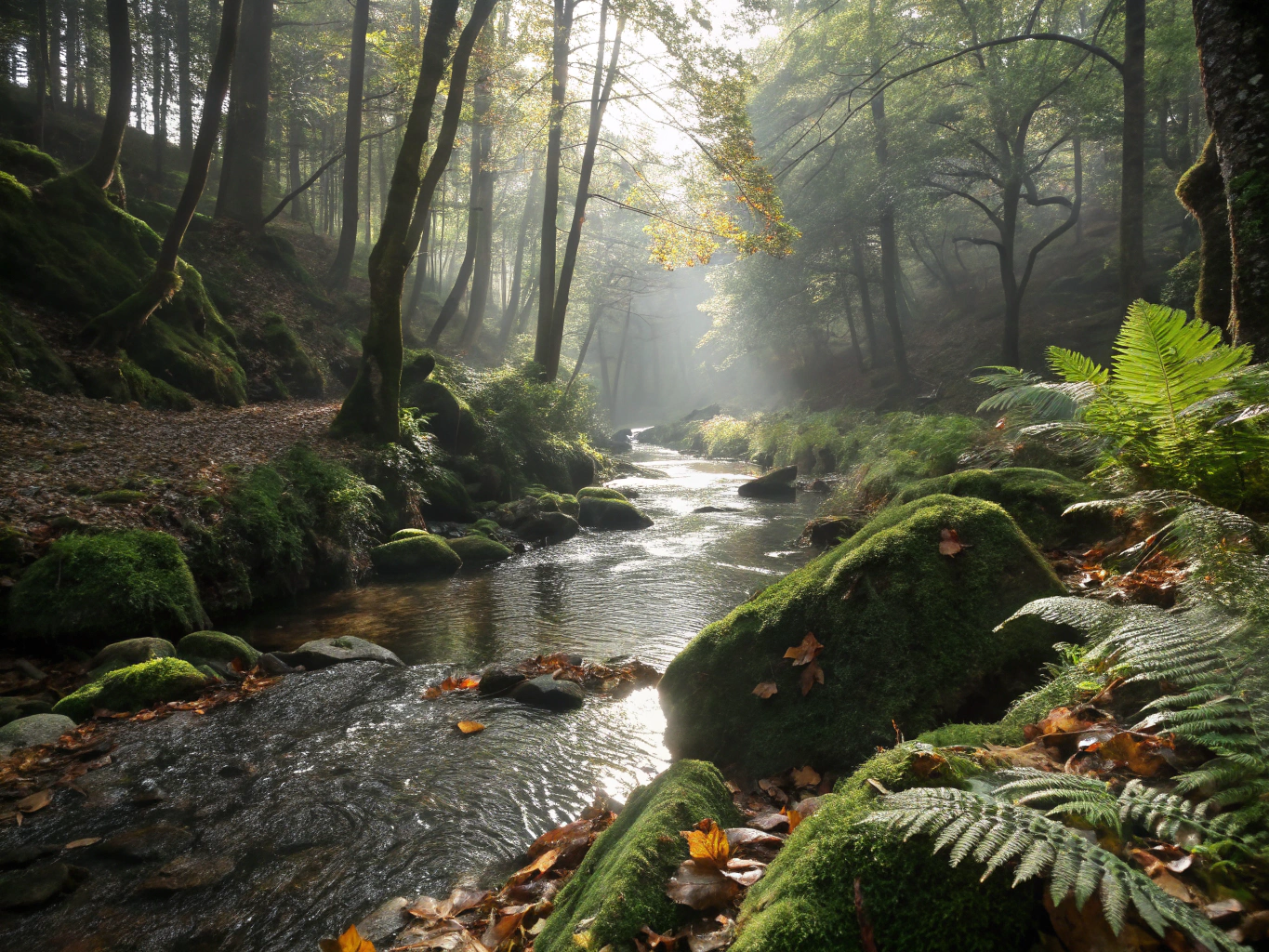 Lush mossy stones and freshwater stream along the sanctuary path