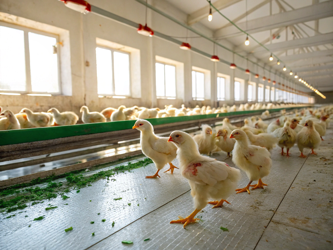 Healthy broiler poultry flock in a well-ventilated tropical housing facility in Cameroon
