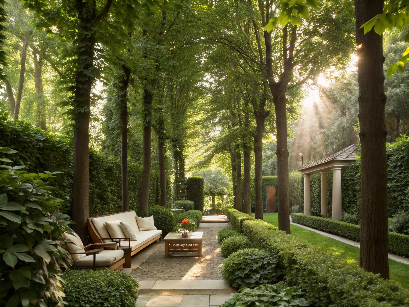 Tranquil shaded tropical forest rest alcove with natural basalt seating beneath broadleaf equatorial trees
