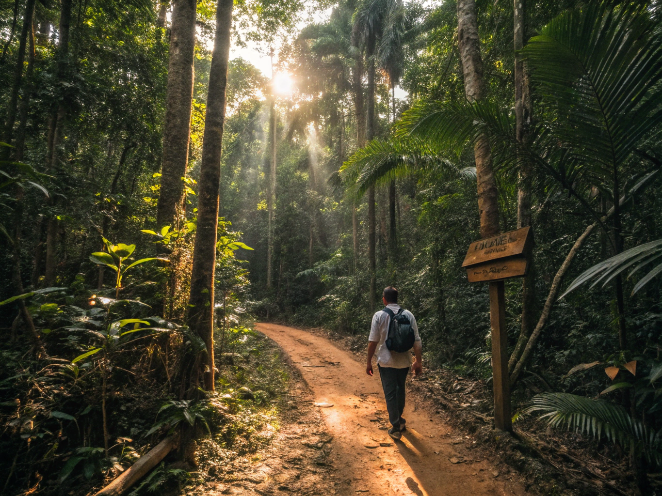 Forest path leading through the Twelve Endowments at Mbin Ndem in the Mount Cameroon foothills