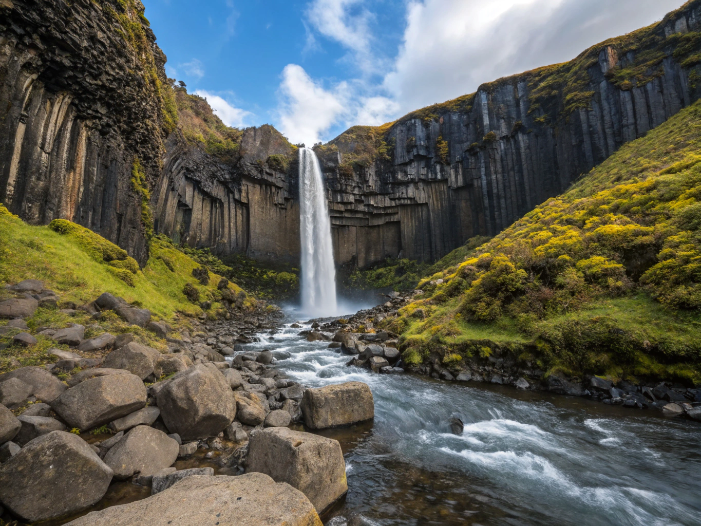 Natural volcanic twin basalt rock formation enveloped in green foliage