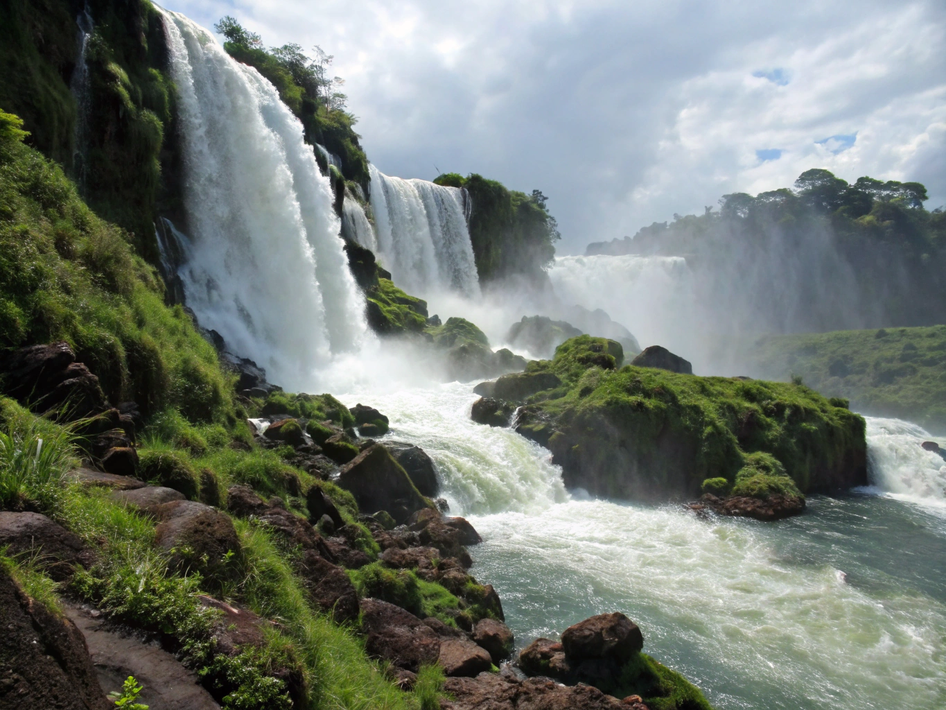 Cascading tropical waterfall amidst volcanic rock and rainforest foliage in Dibanda