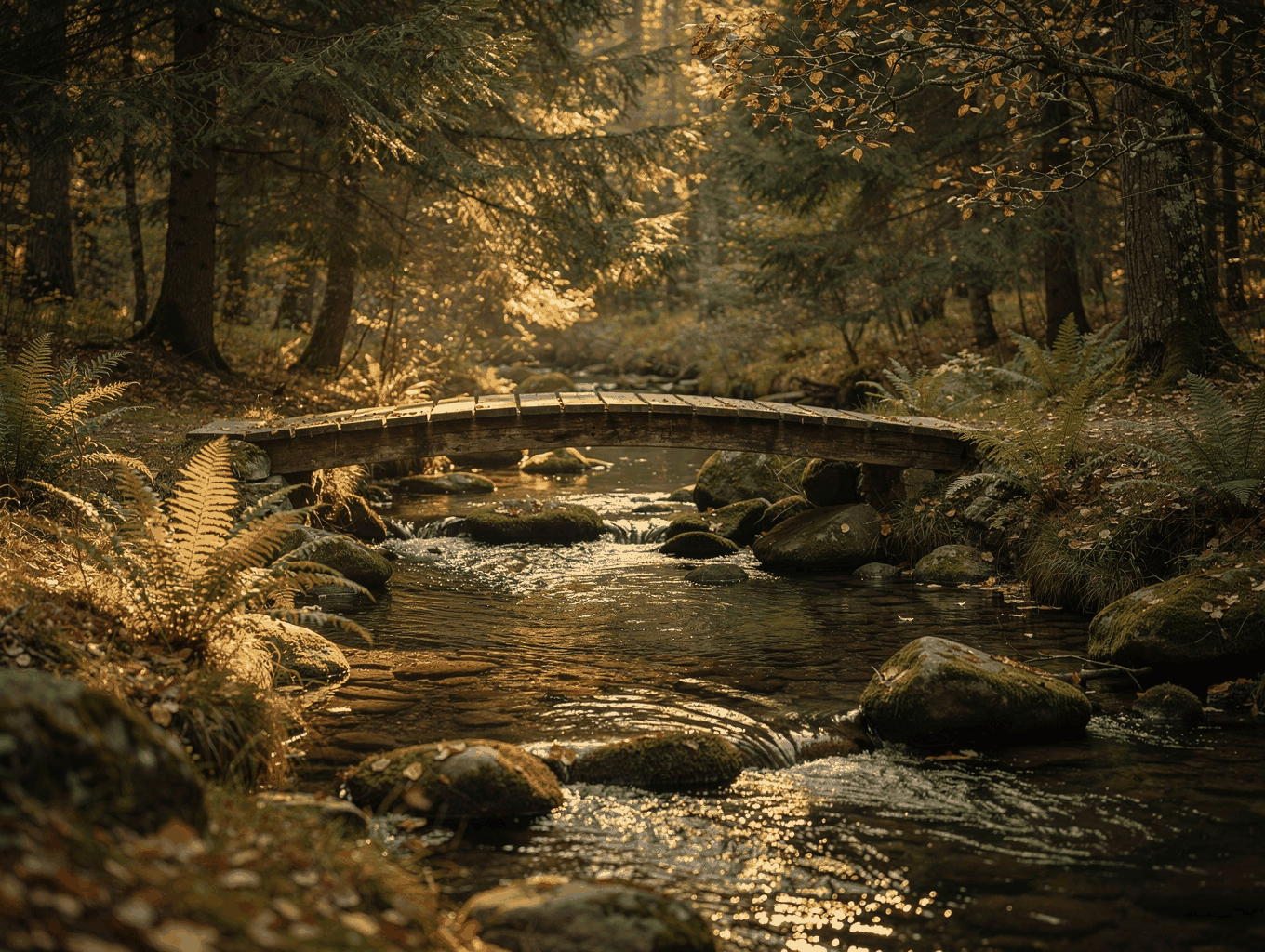 Handcrafted wooden bridge crossing a fresh mountain stream in Cameroon forest