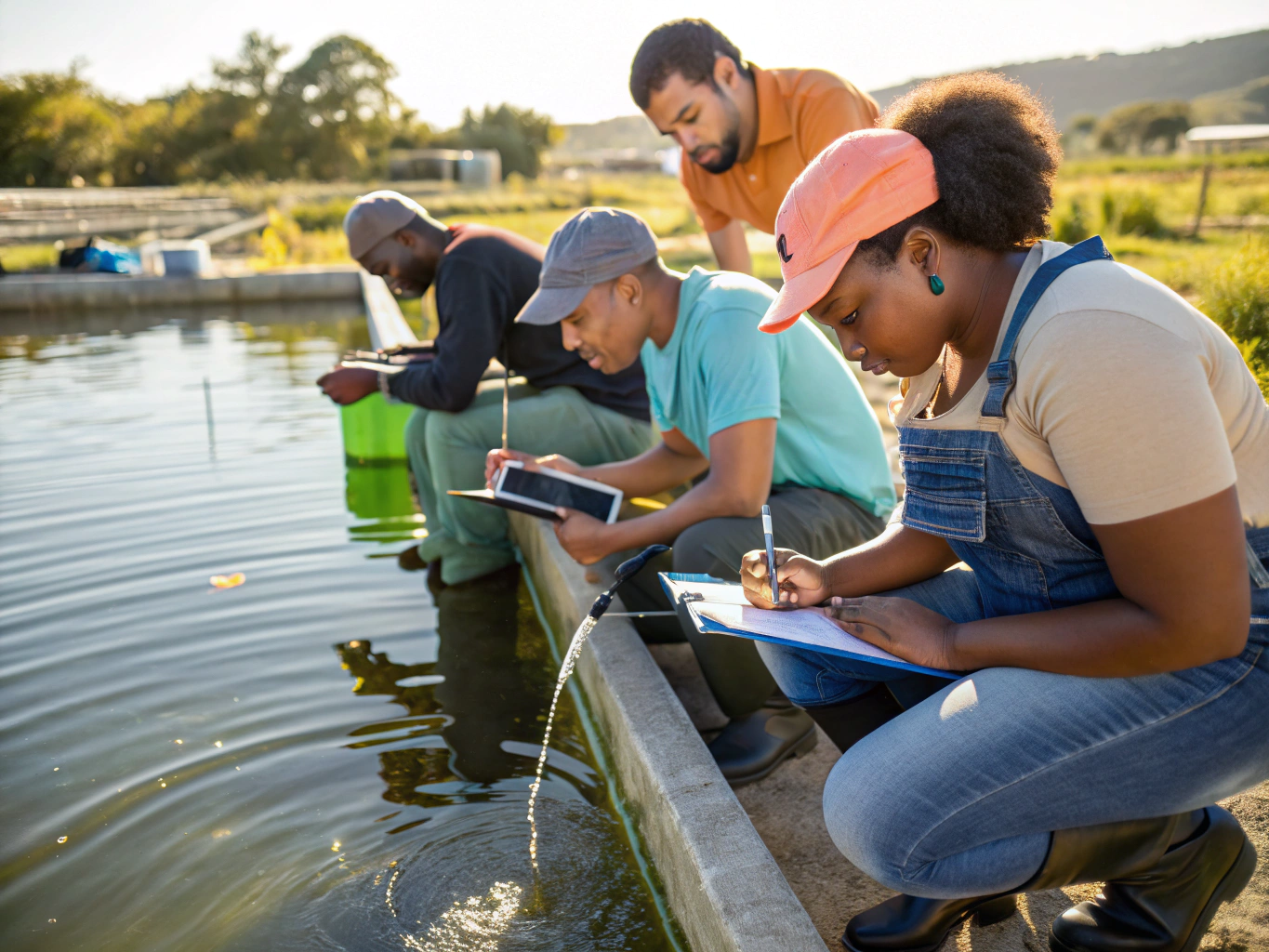 Young Black African women and men gaining practical freshwater fish farming skills at Mbin Ndem